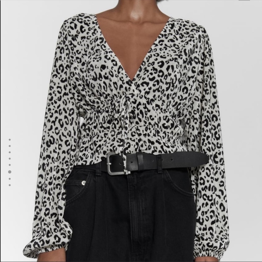 Zara Ecru & Black Pleated Top, Size Medium